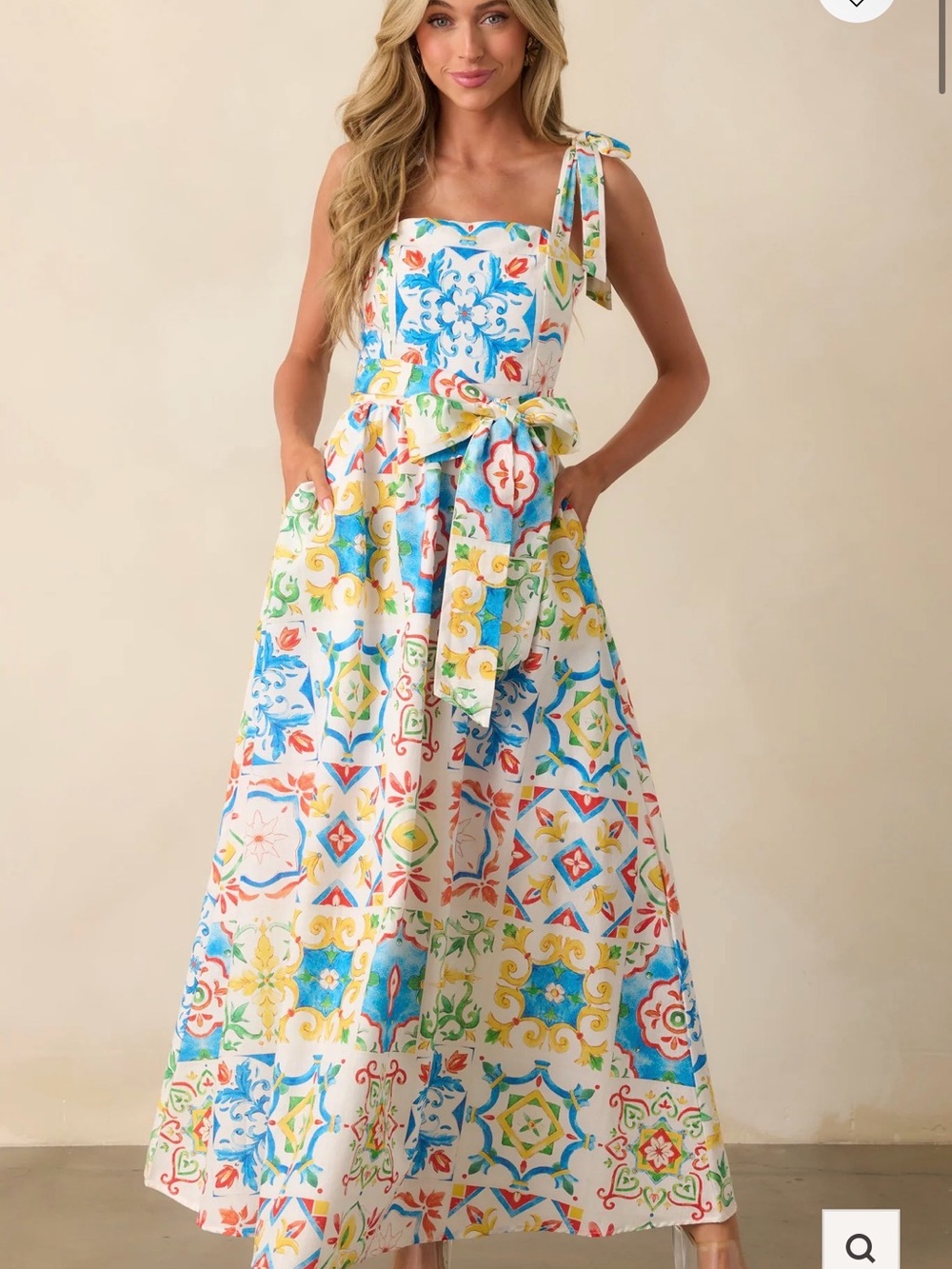 Prosperina Small Giovanna Blue Sicilian Tile-Print Tie-Shoulder Maxi Dress.